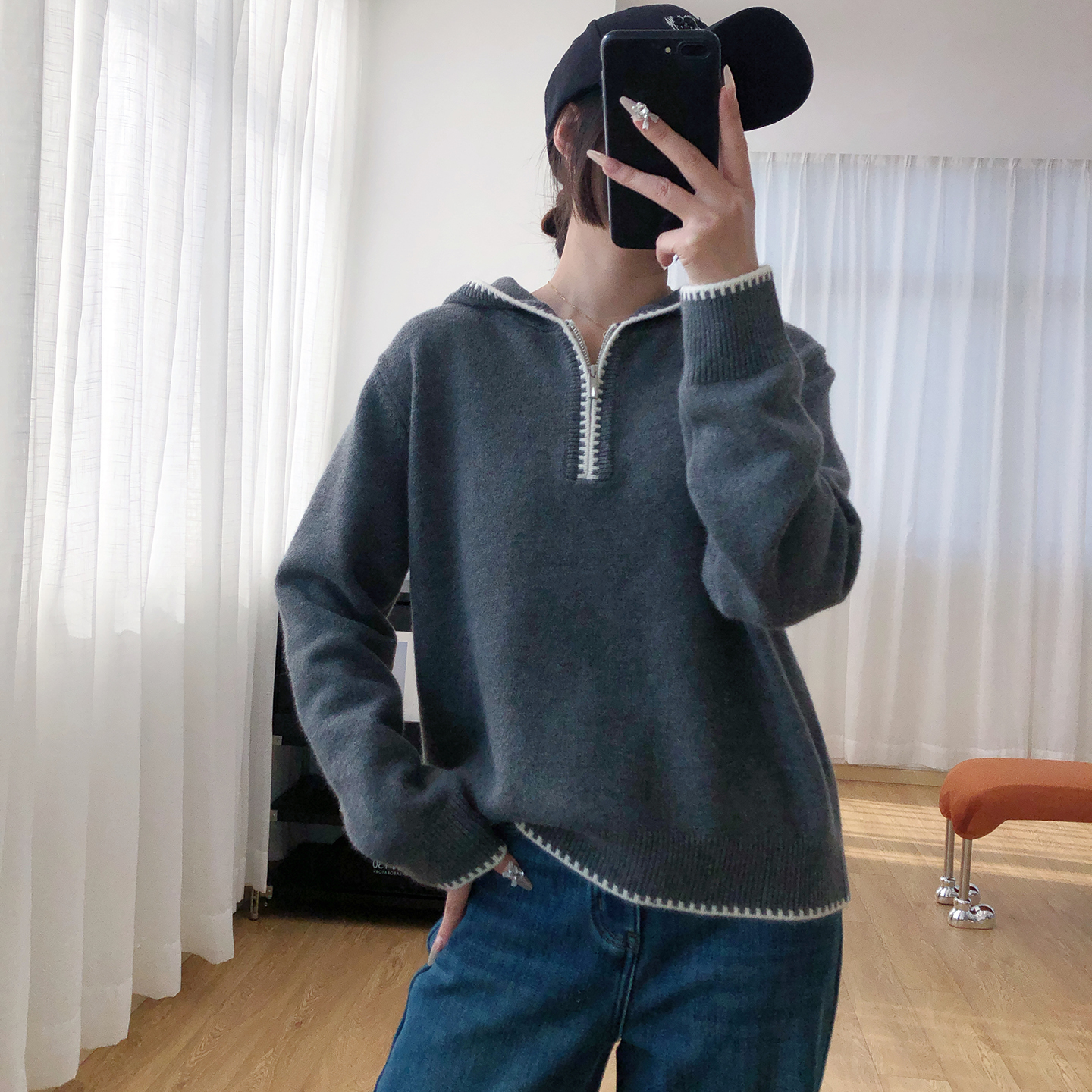 软糯撞色拉链连帽加厚毛衣女秋冬