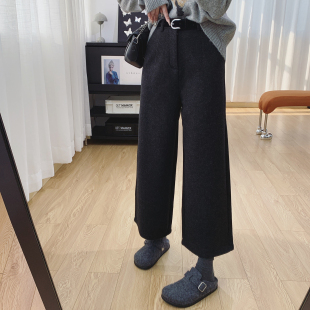 显瘦裤 清仓特价 休闲阔腿裤 女宽松直筒八分裤 子 高腰显瘦加绒毛呢裤