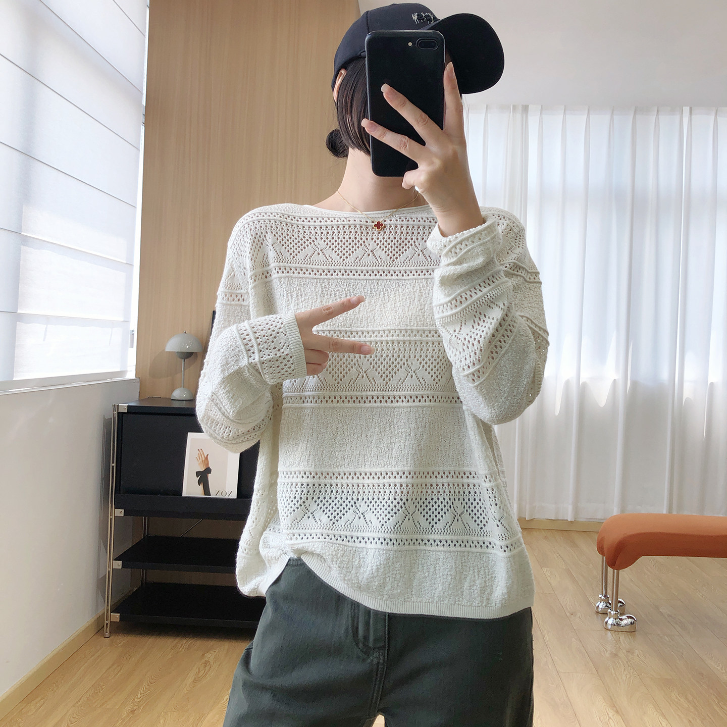 公婆家 早秋软糯超细羊毛镂空长袖针织衫女秋季宽松休闲套头毛衣
