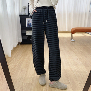 女冬季 软糯条纹显瘦垂感宽松直筒加厚加绒休闲阔腿裤 脚可收口 裤