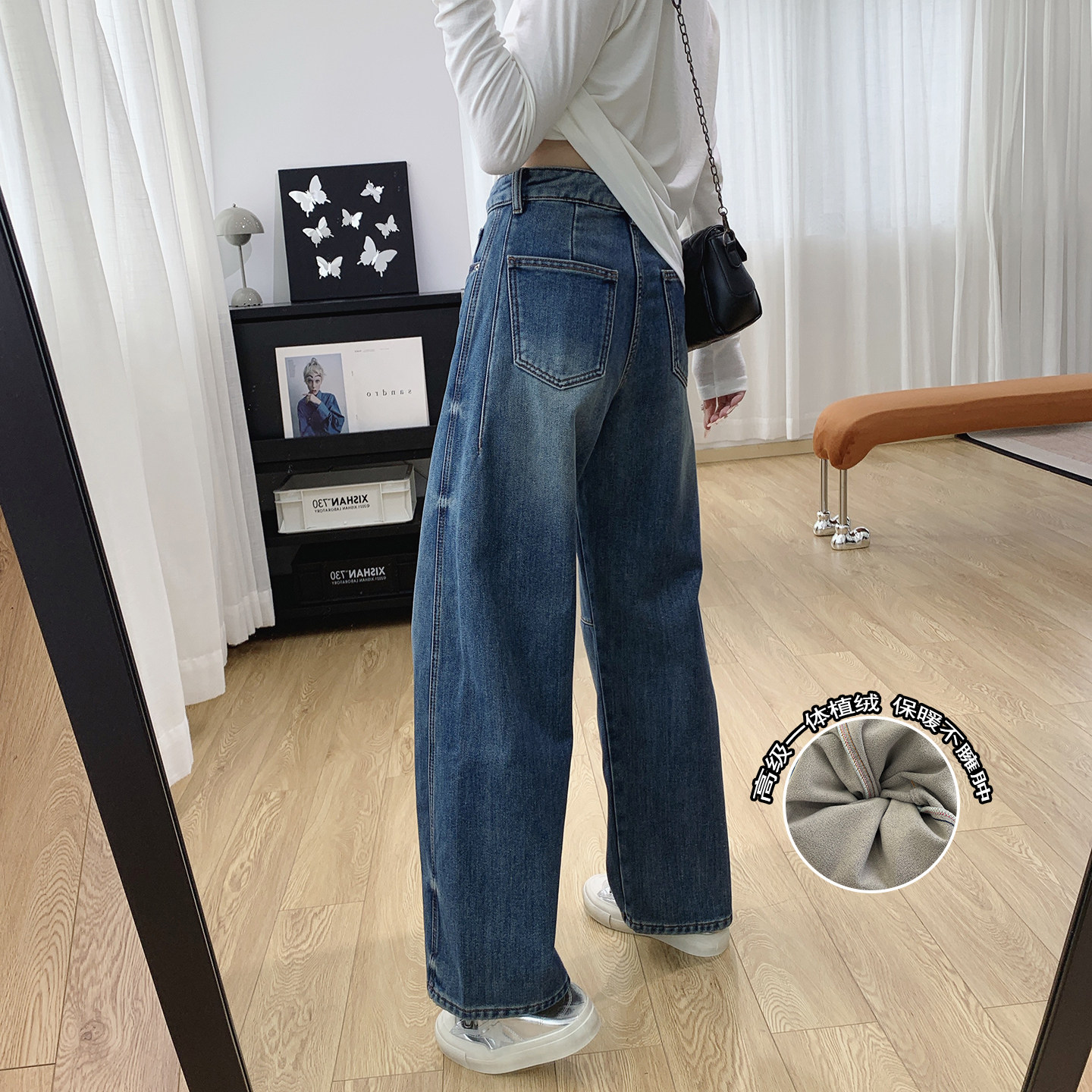 立体裁剪高腰显瘦加绒牛仔裤女