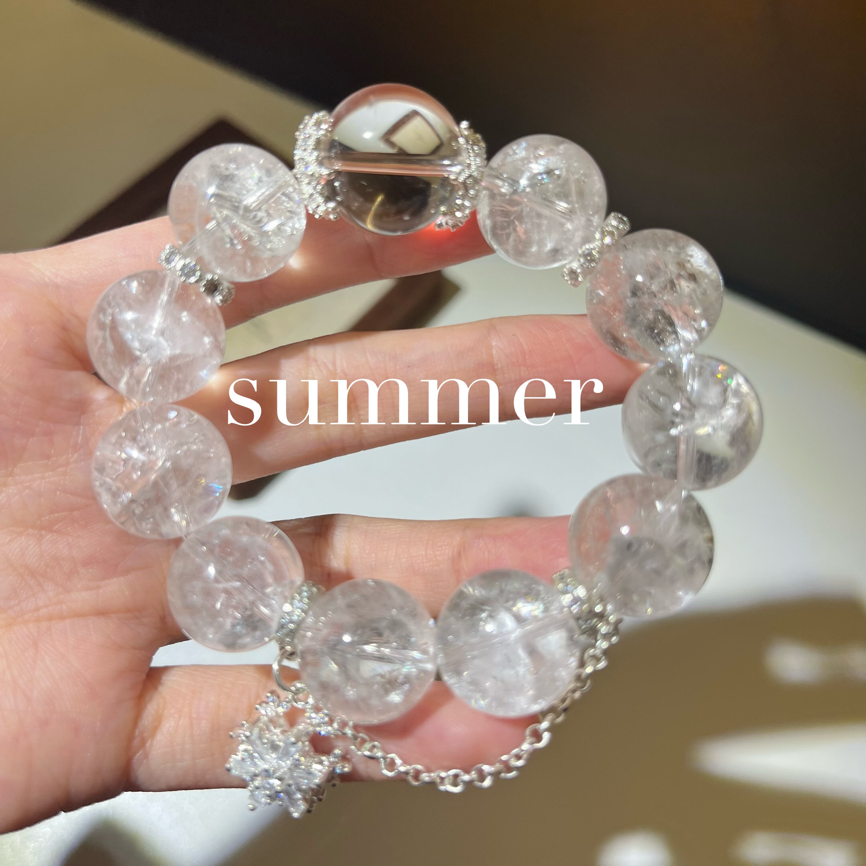 天然白阿赛白水晶手串喜马拉雅彩虹光轻奢礼物大珠水晶手链女生