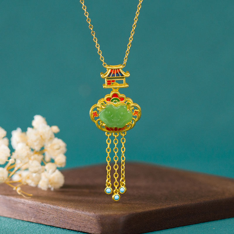 原创复古珐琅彩宫廷如意流苏925银吊坠古法金镶和田玉石项链女