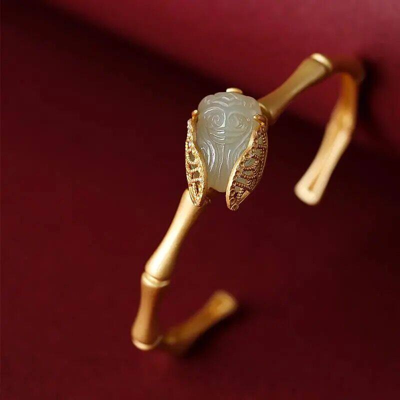 蝉925银镶玉石手镯子复古法沙金和田玉小众设计可爱手链女旗袍礼