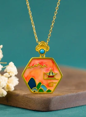 原创隐士人家祥云绿松点翠几何设计款高级古法金吊坠锁骨项链送礼