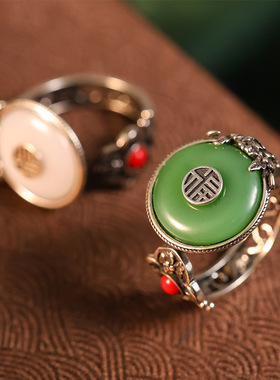 新款牡丹花福字平安扣戒指复古做旧新中式国风镂空个性开口指环女