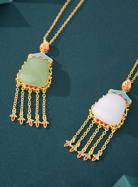 原创设计珐琅彩流苏素面吊坠女中国风古法金和田玉搭旗袍马褂配饰