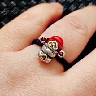 本命年红绳戒指足银999滴胶财神戒 男女情侣对戒复古3d硬银食指戒