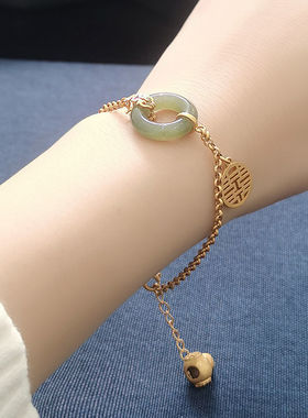 喜乐平安扣手链中国民族风镀金和田玉复古文艺饰品民族古风手饰