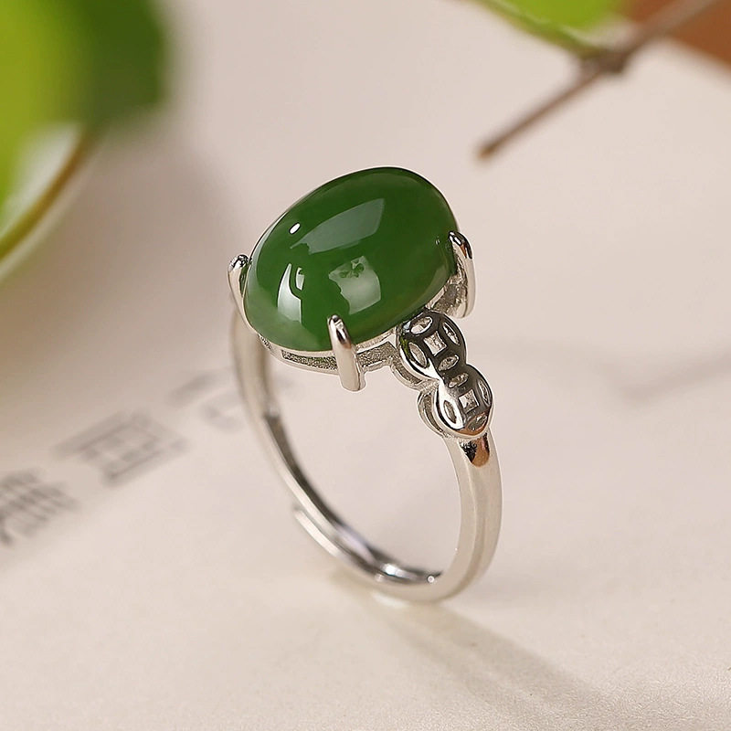 中国风复古做旧哑光钱币铜钱蛋形和田玉银戒指女民族风开口指环