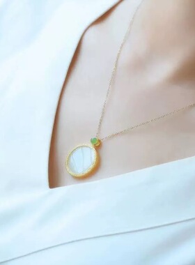 S925银天然玉髓女款圆牌锁骨链玉石简约百搭项链古风吊坠复古时尚