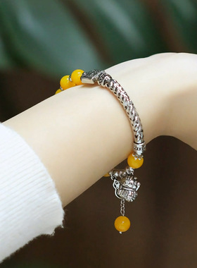 暴富招财猫手链女款新中式复古做旧小众弯管弹力绳手环中国风手串