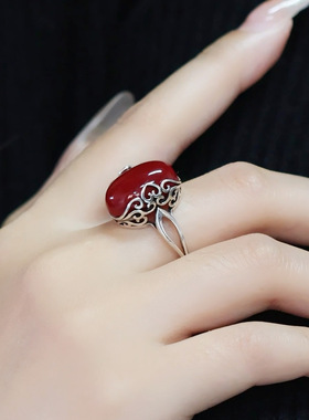 新中式小众红色蛋面祥云椭圆戒指女民族风高级感气质可调节指环