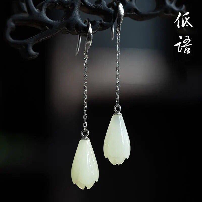 纯银镶和田玉兰花简约女长款耳环