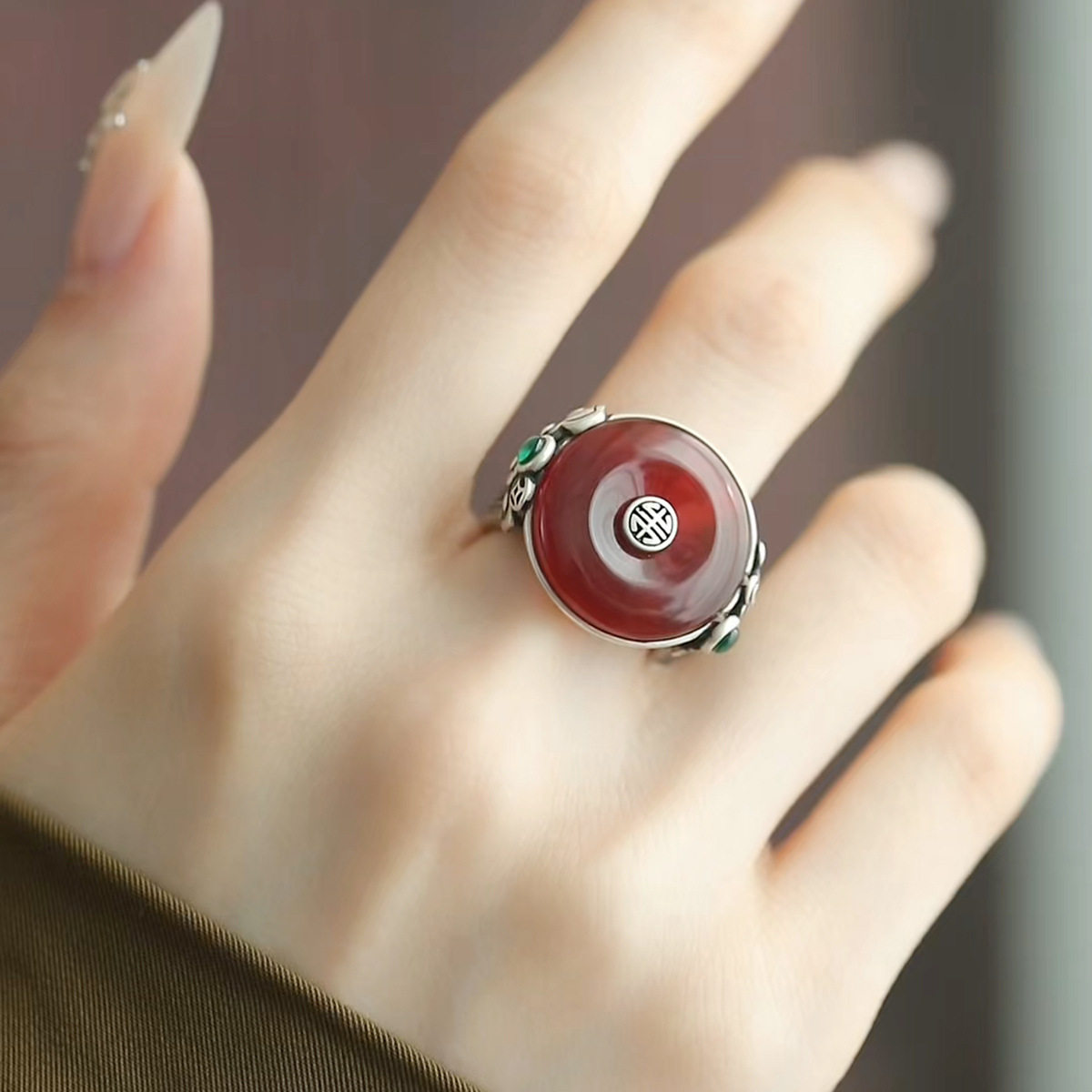 复古做旧如意平安扣戒指女镶嵌红玛瑙新中式国风开口指环古风饰品