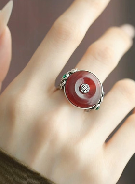 复古做旧如意平安扣戒指女镶嵌红玛瑙新中式国风开口指环古风饰品