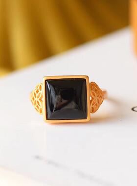 仿和田墨玉方戒指镀金色指环复古气质高雅时尚百搭开口可调节饰品