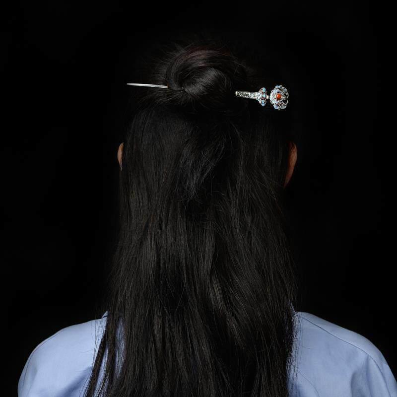 中式古典景泰蓝如意发簪女925银南红汉服复古盘发簪子发饰头饰