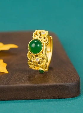 国潮古法金和田仿高冰碧玉开口通用指环国风复古百搭旗袍戒指