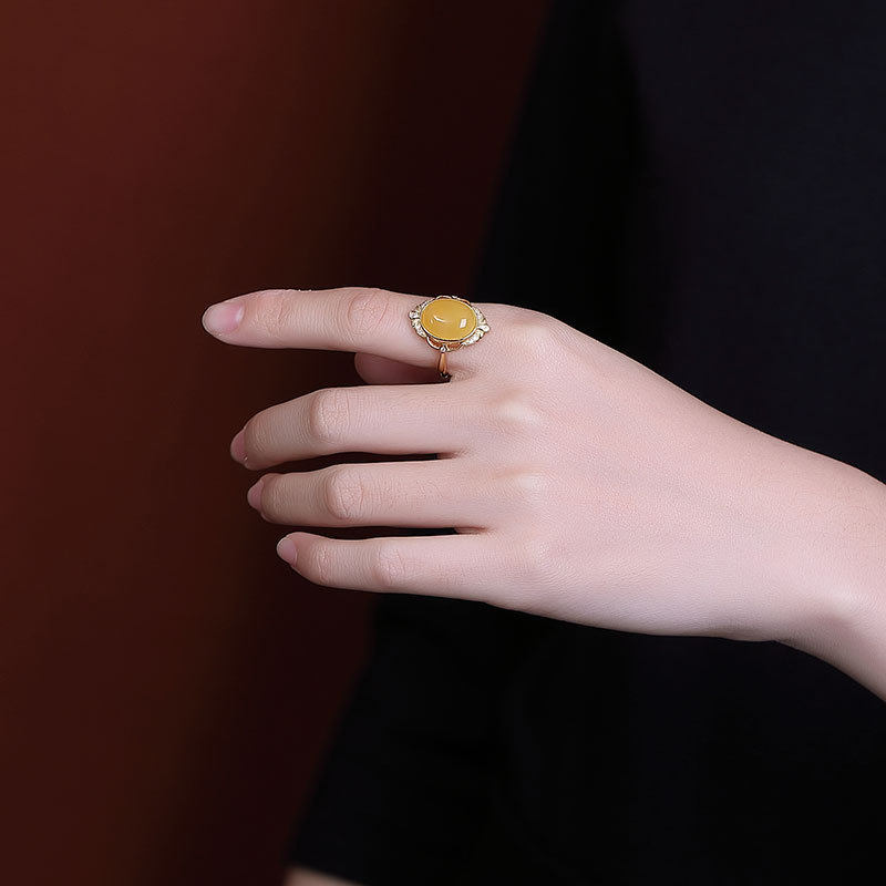 S925纯银镀金天然琥珀蜜蜡戒指个性轻奢时尚女士开口指环