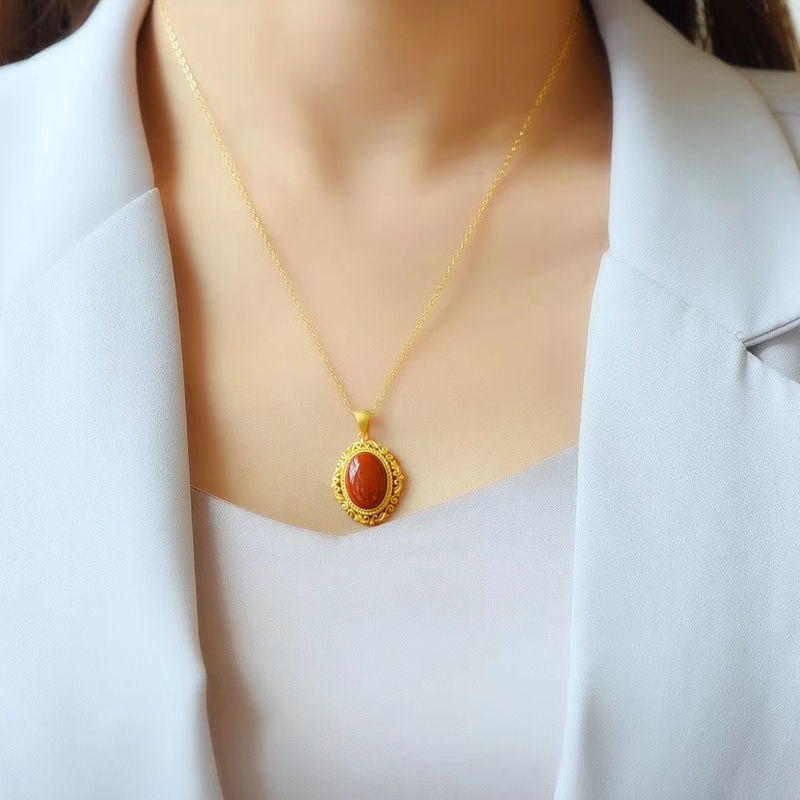 古法金纯银天然南红玛瑙椭圆吊坠工艺宫廷设计潮流优雅复古女饰品