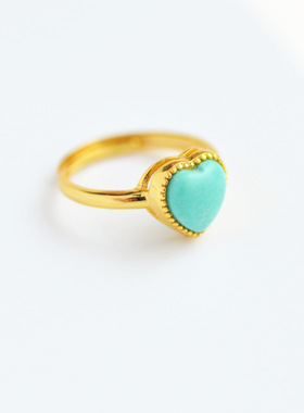 天然原矿绿松石S925银纯银镀金清新桃心形开口戒指可调