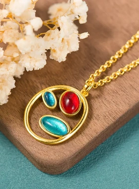 古法铜鎏金女款个性时尚百搭小清新文艺范吊坠配饰镶嵌合成石项链