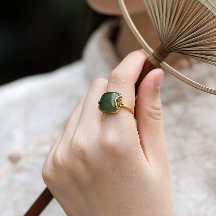 925银镶和田玉翡翠冰种开口古风戒指女汉服旗袍配饰520礼物送女友