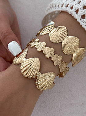 欧美热卖饰品 度假风海星贝壳开口手镯 ins金属花朵Bracelet手饰