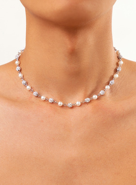 欧美热卖拼接珍珠项链男嘻哈个性高级感镶钻颈链简约时尚男士饰品