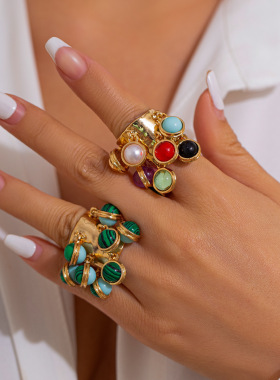 精美饰品包邮 复古宫廷镶嵌宝石戒指 小众孔雀石圆形合金开口指环