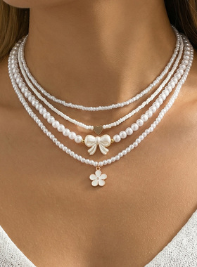 精品欧美波西米亚风春夏季白色米珠串珠女项链套装饰品热卖