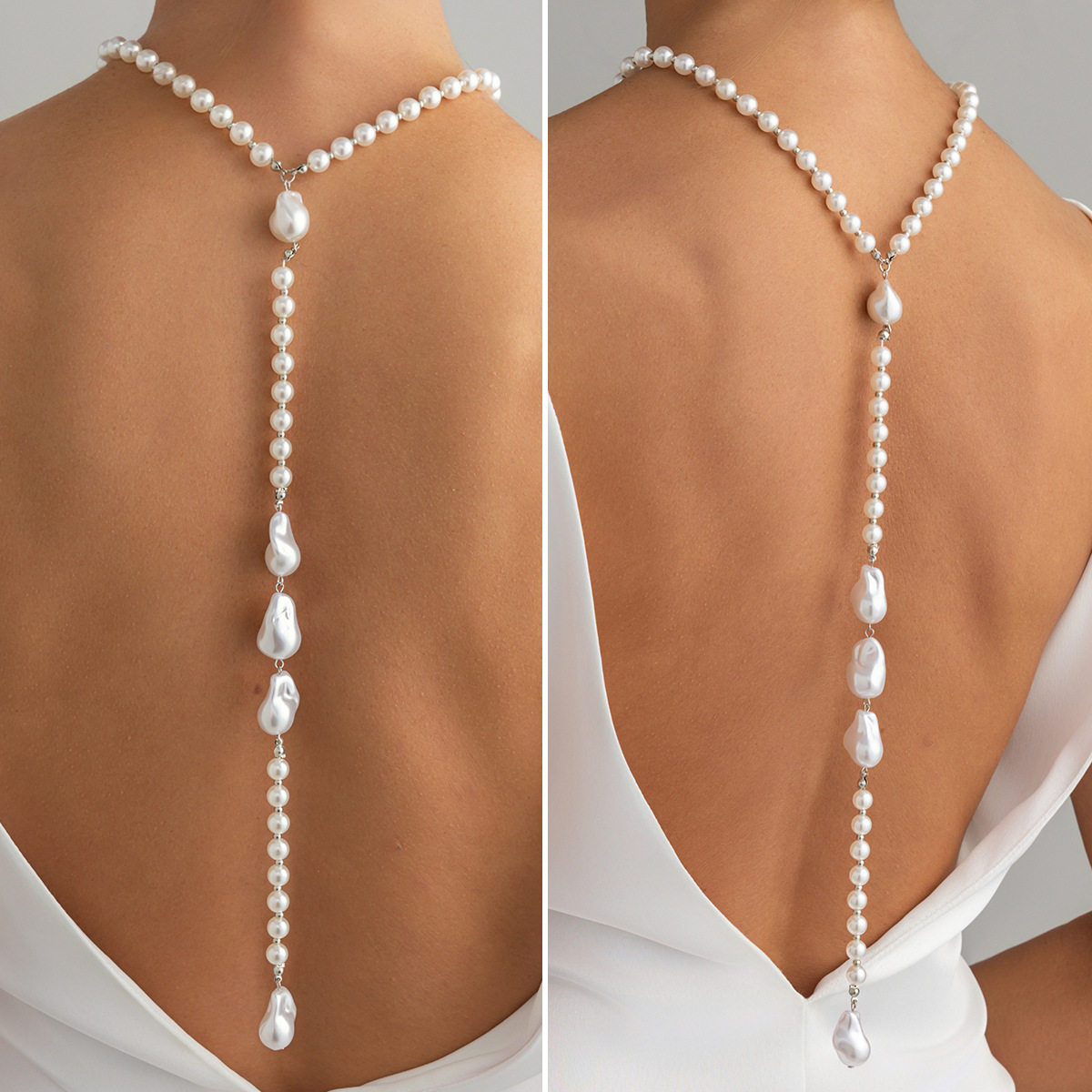 欧美精品饰品ins性感巴洛克异形珍珠背链 简约仿珍珠流苏长款项链