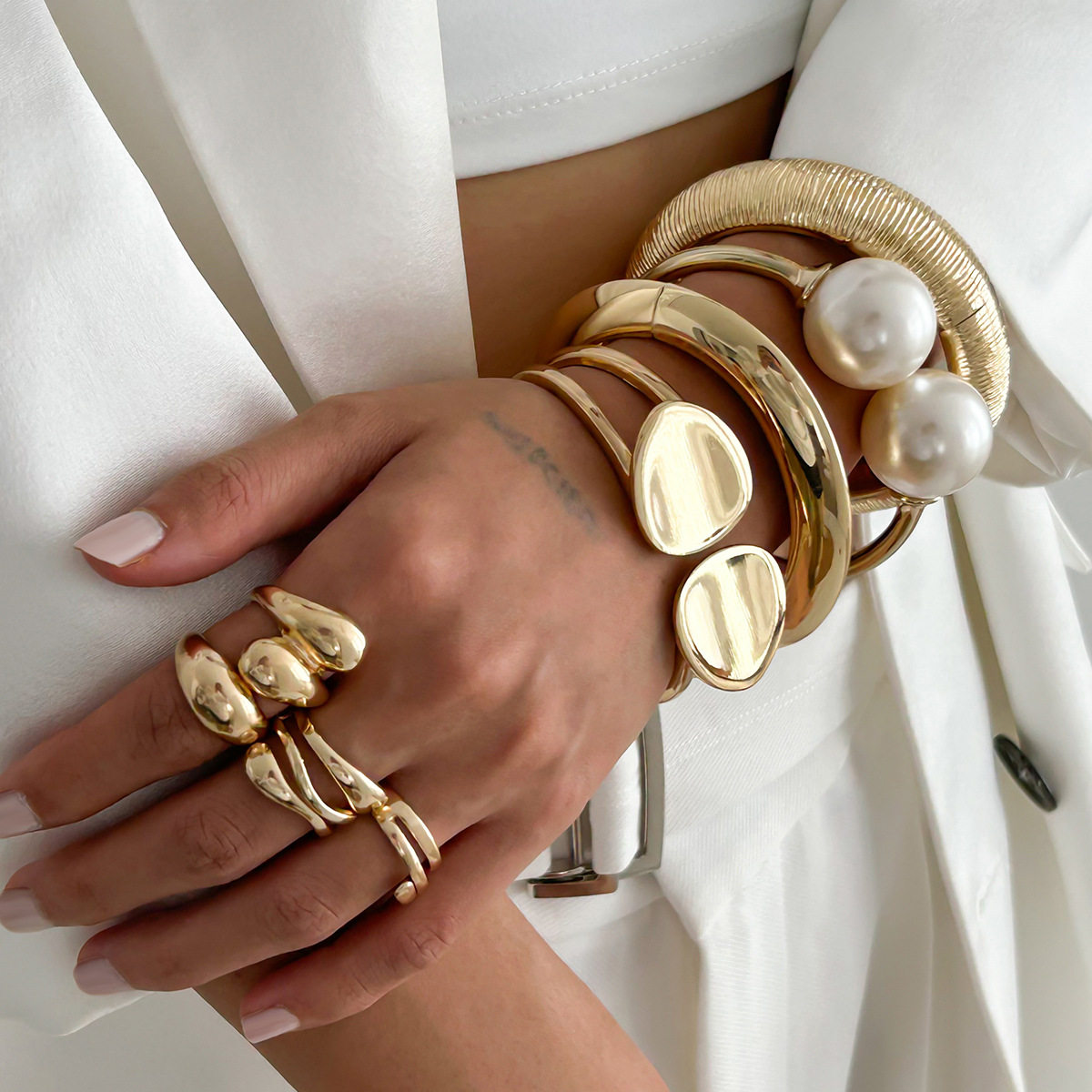 精美饰品包邮 叠戴风圆片双层光面手镯 不规则合金Bracelet套装