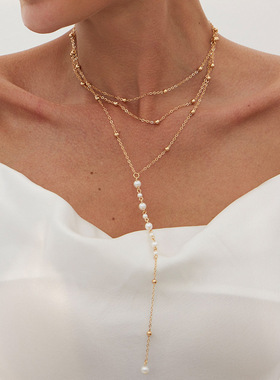 精美饰品包邮 时尚简约流苏珍珠串珠锁骨链多层气质铜珠链Y型项链