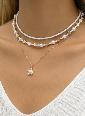 精品欧美波西米亚白色米珠项链五角星珍珠三件套串珠女饰品热卖
