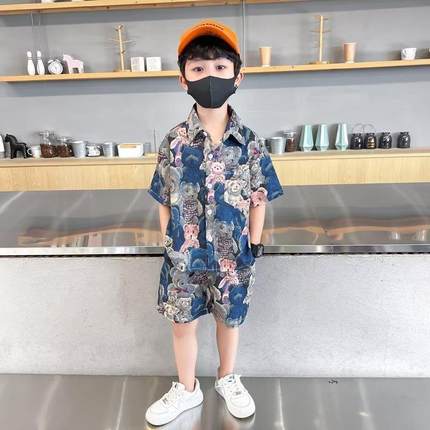 男童t恤短袖套装夏季炸街港风痞帅花衬衫短裤两件套男孩夏装衣服