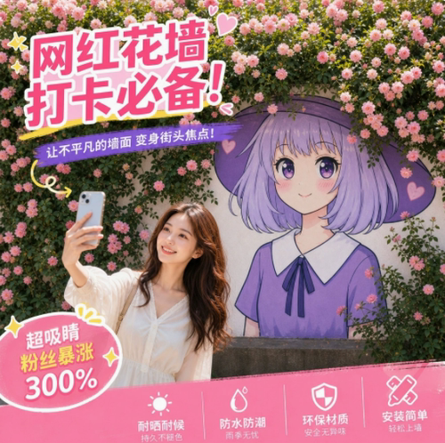 墙绘花艺女孩仿真花装饰