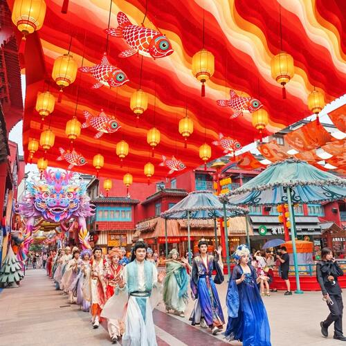 红色系装饰纱幔吊顶户外景区商场中庭节日氛围感装扮美陈喜庆吊顶
