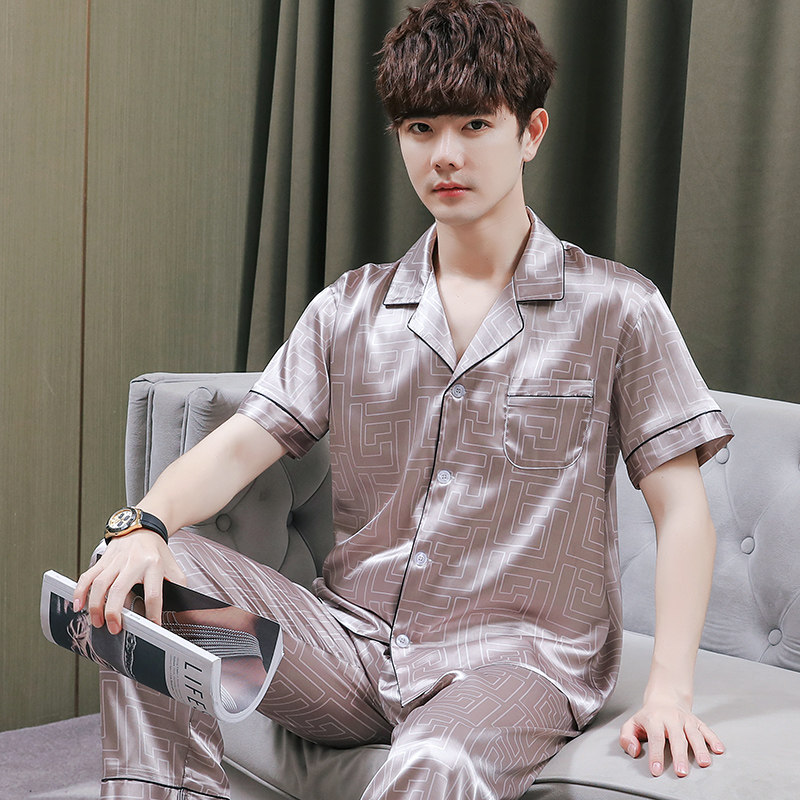 男款睡衣短袖长裤春夏季冰丝丝绸薄款男士睡衣套装大码宽松家居服