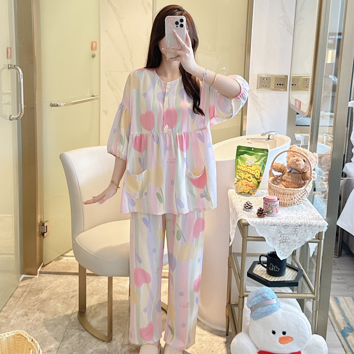加大码女士睡衣夏季七分袖棉绸薄款宽松可爱夏款人棉家居服两件套