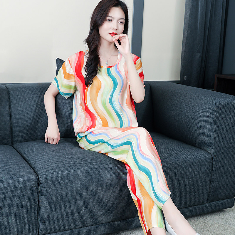 睡衣女夏季短袖薄款大码棉绸套装