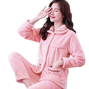 加厚珊瑚绒睡衣女冬长袖保暖秋冬季法兰绒家居服可外穿简约两件套