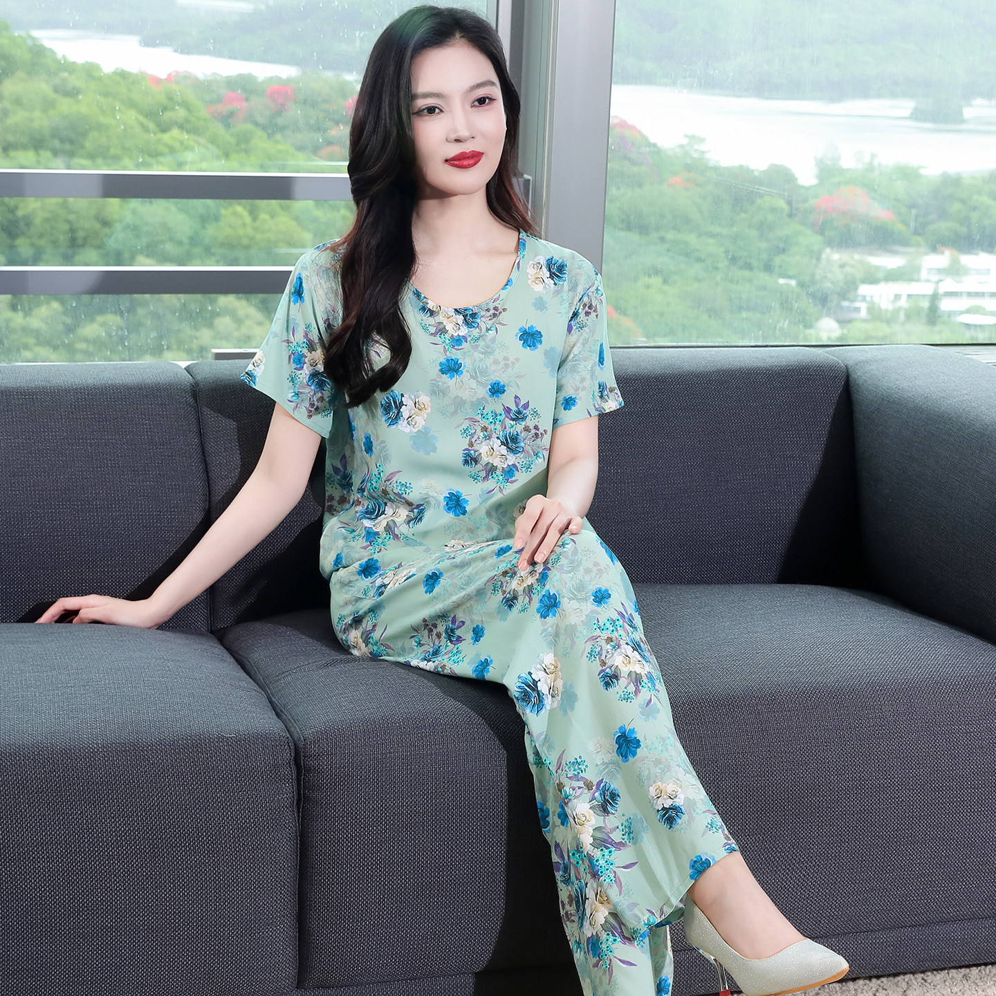 睡衣女款2026新款夏季中老年人大码套头可外穿妈妈家居服套装绵绸