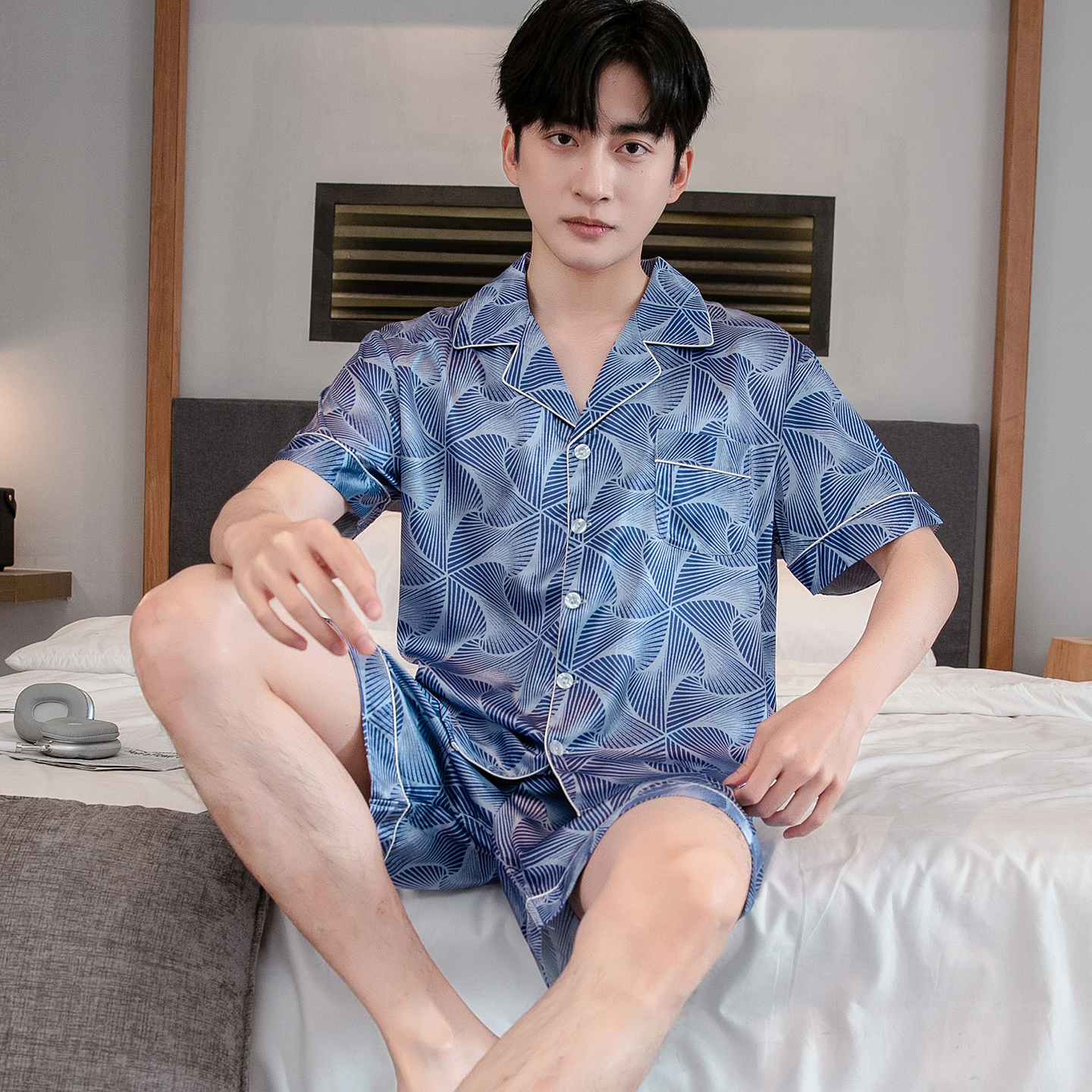 青中年男士睡衣夏季短袖短裤薄款冰丝套装大码宽松休闲男款家居服