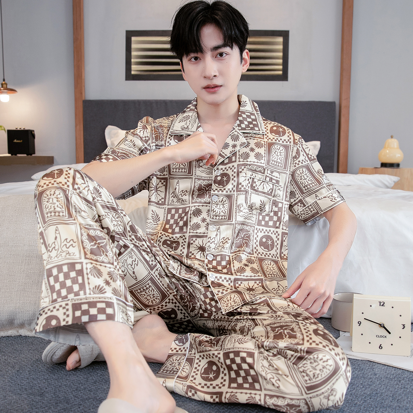 男士睡衣2025夏季新款短袖长裤薄款冰丝丝绸男款大码开衫家居服男