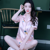 清新可爱简约开衫 短袖 睡衣套装 冰丝女士夏款 夏天丝绸家居服女 薄款
