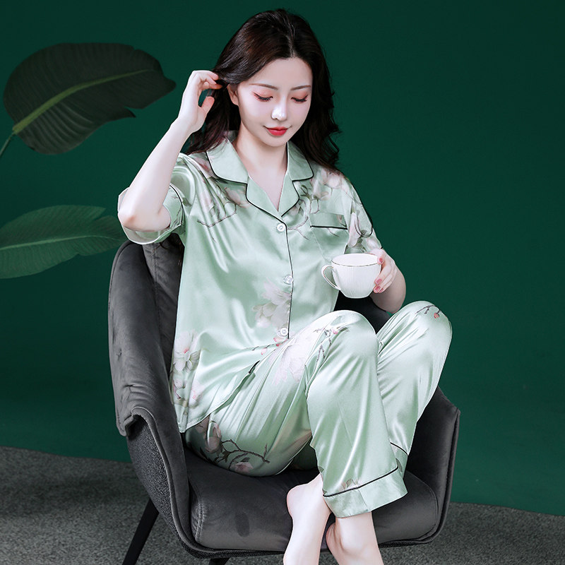 夏款短袖冰丝女士睡衣套装春夏天高级感女款清新可爱丝绸家居服女