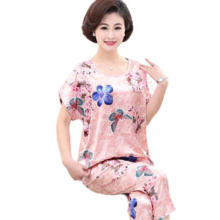 夏季女士丝绸韩版短袖七分裤两件套装女人夏天冰丝大码家居服睡衣