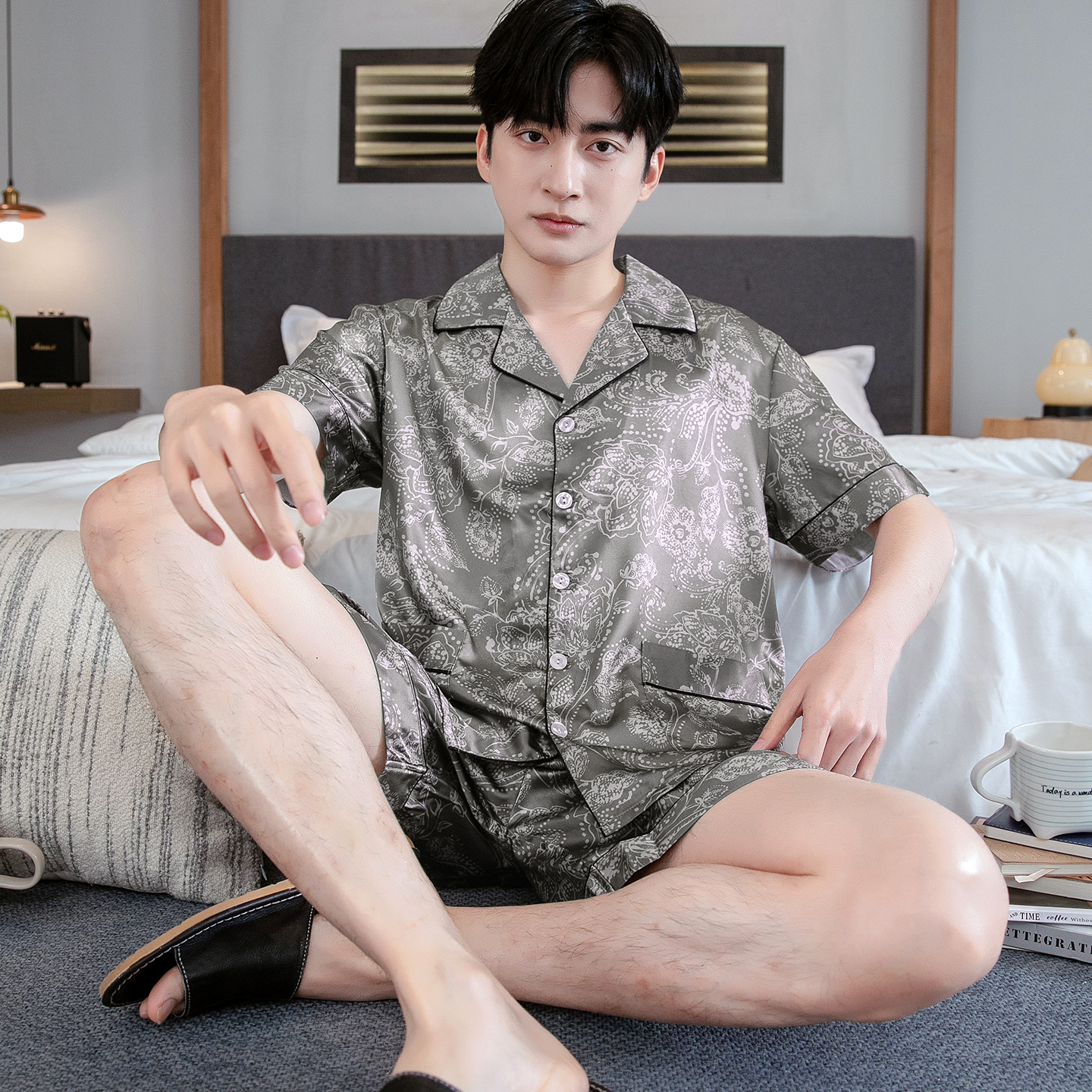 短袖薄款冰丝男士睡衣夏季大码宽松休闲男款丝绸可外穿家居服套装